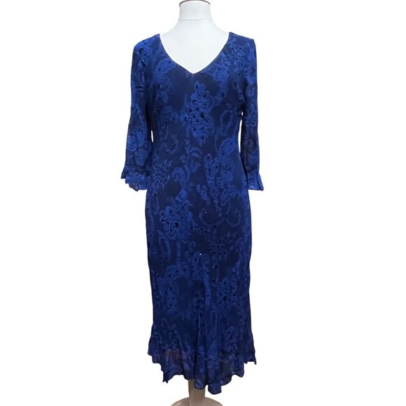 Paradise NY Dresses & Skirts - Vtg Paradise NY Blue Lace Look Maxi Dress Bias Cut Ruffle Sleeves Sequin Lined L